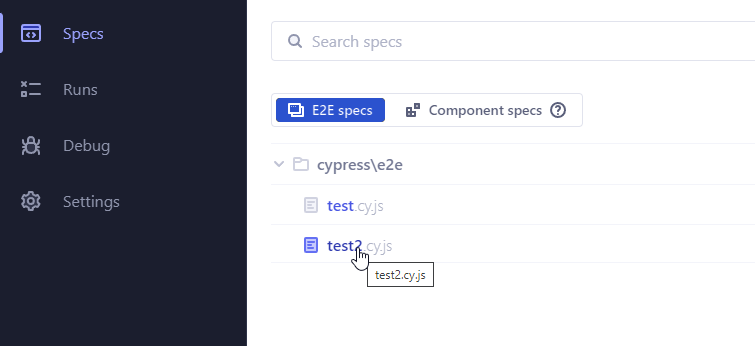 New spec file Selecting a new spec file in Cypress Test Runner